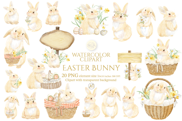 Download Watercolor Easter Bunny Clipart Set - Bunny clipart Collection